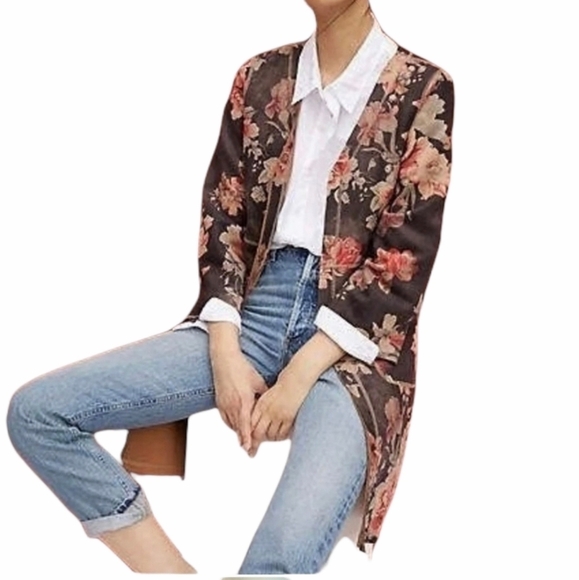 Floral Flower Print Duster Jacket Sz L - Picture 12 of 13